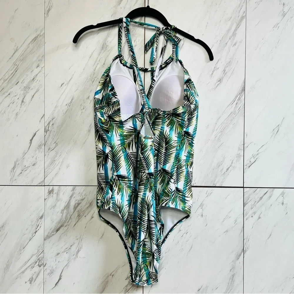 Nicole Miller Palm Tropical One Piece High Neck Swimsuit SZ 2X